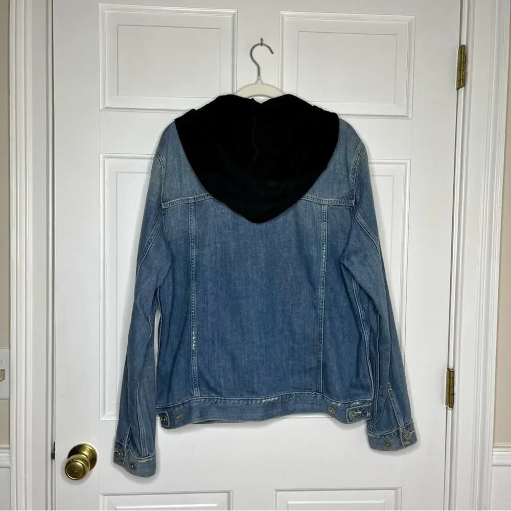 Paige Scout Mid-Wash Denim Jean Jacket with Black Drawstring Hoodie Size XL